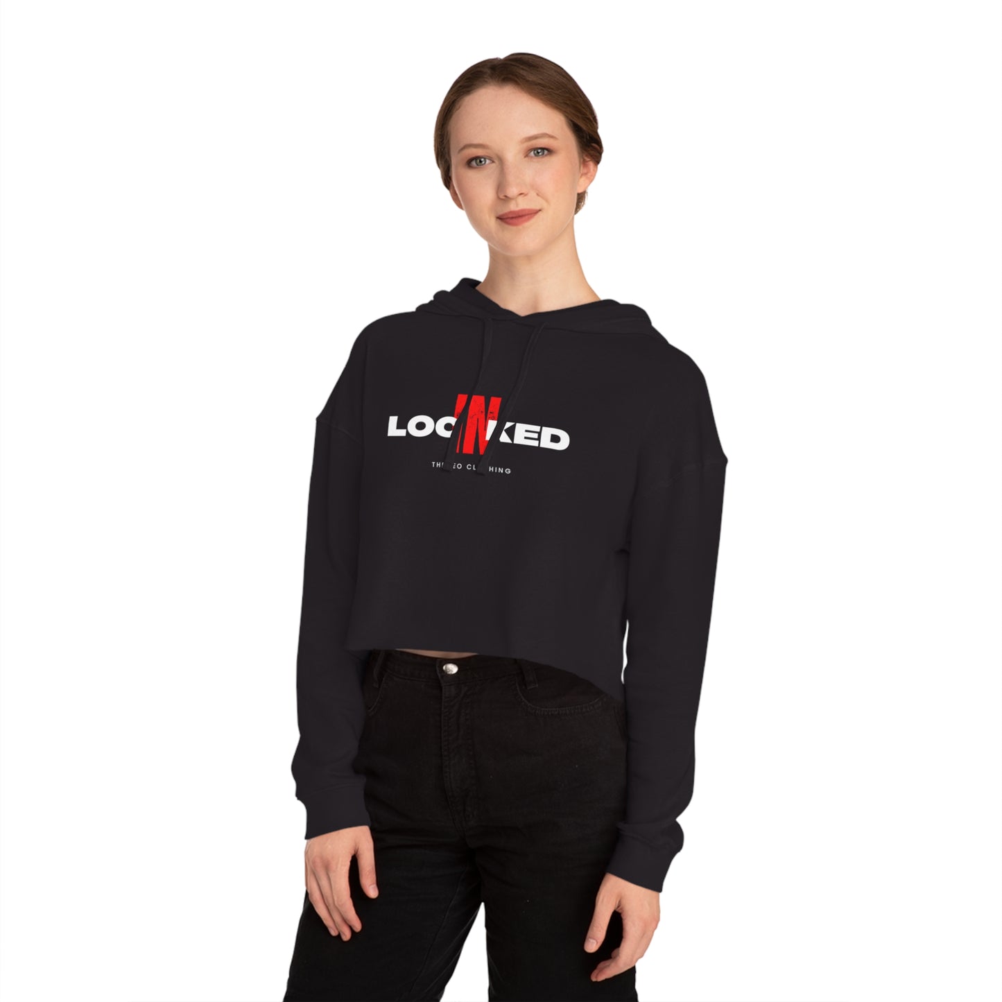 "Locked In" Cropped Hooded Sweatshirt (WHITE PRINT)